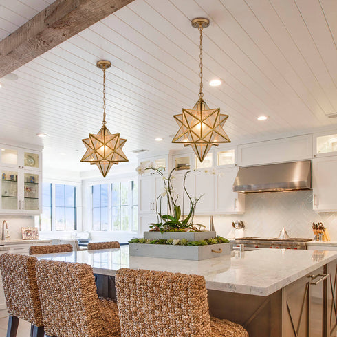 Brass Moravian Star Pendant Light 14-inch Seeded Glass Shade