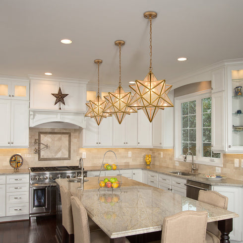 Brass Moravian Star Pendant Lights Seeded Glass Shade, 15-Inch