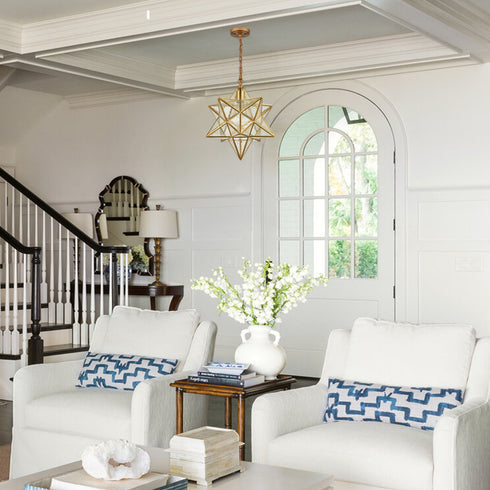 Brass Moravian Star Pendant Lights Seeded Glass Shade, 15-Inch