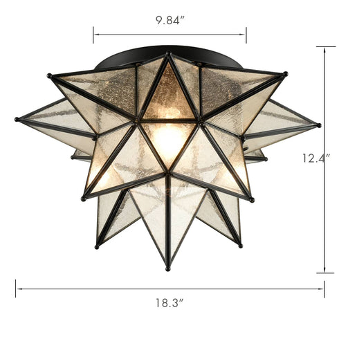 Seeded Glass Moravian Star Flush Mount Ceiling Light, 18-Inch, Black