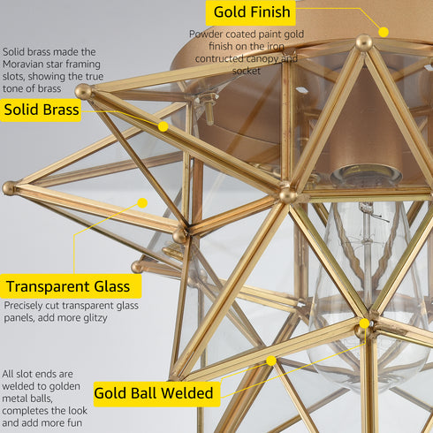 Brass Moravian Star Ceiling Light, 18-in, Transparent Glass
