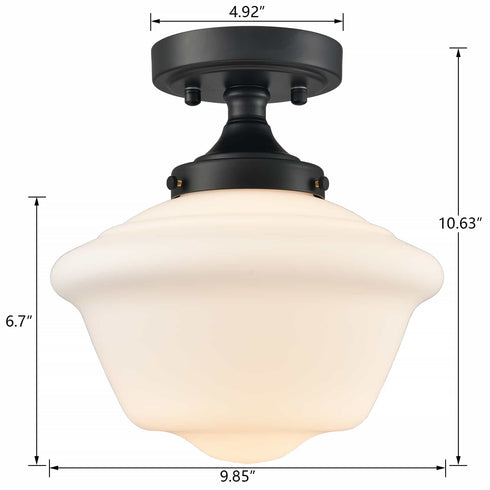 Black Schoolhouse Ceiling Light Fixture with Milk Glass Shade