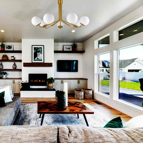 Mid-Century Modern Gold Semi Flush Mount Ceiling Light 7-Light Globe Chandelier Light