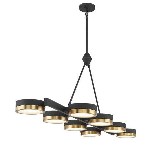 Ashor 8-Light LED Linear Chandelier in Matte Black with Warm Brass Accents