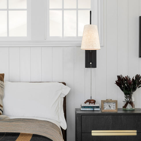 Black Plug-in Wall Sconce for Bedroom Lamps Set of 2 with Pull Chain Switch