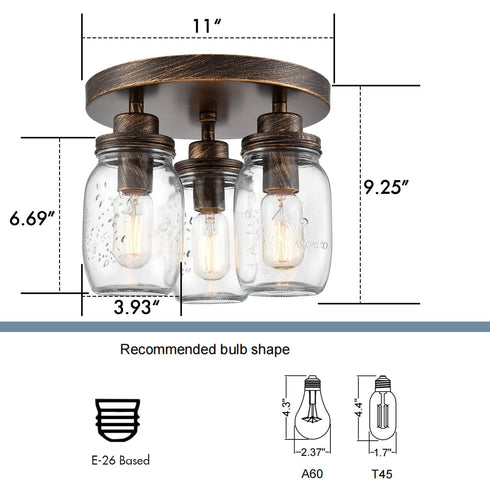 3-Light Mason Jar Ceiling Light Farmhouse Ceiling Light Fixture