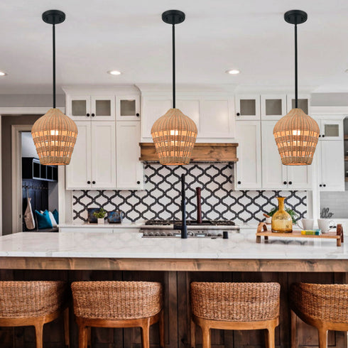 Black Rattan Pendant Light Boho Hanging Light for Bedroom Living room