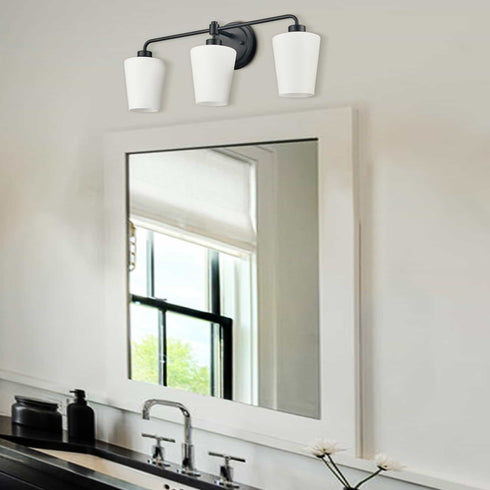 3-Light Black Bathroom Vanity Light Fixture with Milk Glass Shade