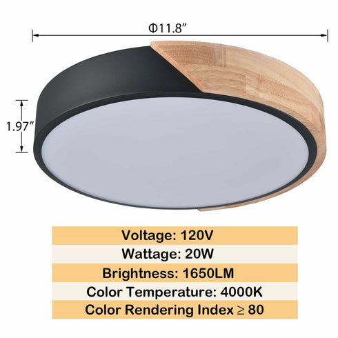 Modern Black and Wood LED Flush Mount Ceiling Light