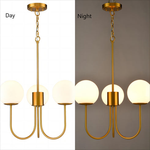 Glass Globe Chandelier Mid Century Pendant Ceiling Lights Milky White Ball Lampshade Wrought Iron for Living Dining Room Bedroom 3 Lights