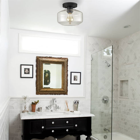 Industrial Semi Flush Ceiling Light Glass Drum Shade, Black