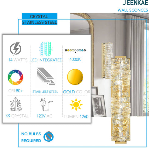 Crystal Gold Bathroom Vanity Lights LED Stainless Steel, 18.5-In