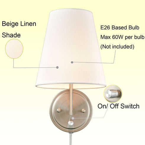 Modern Fabric Plug-in Wall Lamps Set of 2, Brushed Nickel