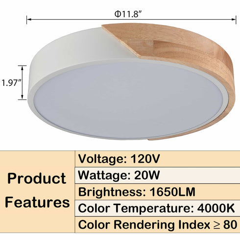 Minimalist White and Wood LED Flush Mount Ceiling Light