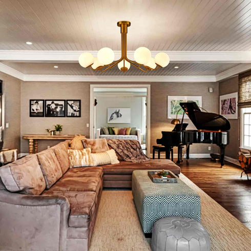 Mid-Century Modern Gold Semi Flush Mount Ceiling Light 7-Light Globe Chandelier Light