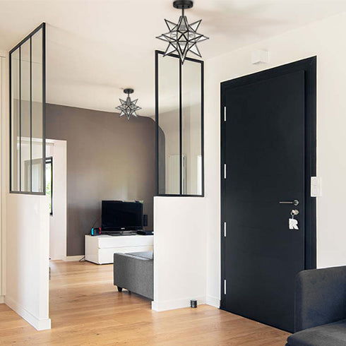 Black Moravian Star Ceiling Light Etched Glass Shade