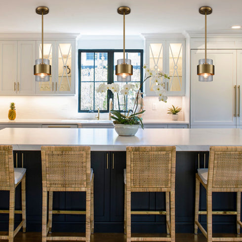 Modern Adjustable Pendant Light Fixtures Over Kitchen Island Lighting Ceiling Hanging Metal Industrial Mini Cylinder Pendant Lighting Clear Glass Shade