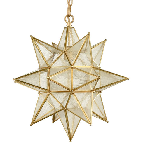 Moravian Star Pendant Chandelier Seeded Glass Gold Light 19 Inches