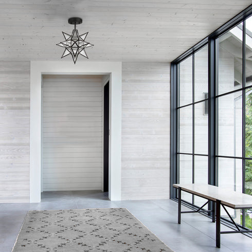 Black Moravian Star Ceiling Light Etched Glass Shade