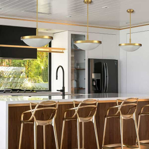 Mid Century Gold Pendant Light with Frosted Glass Shade