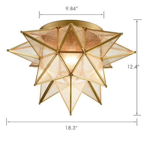 Brass Moravian Star Ceiling Light Seeded Glass 18-Inch