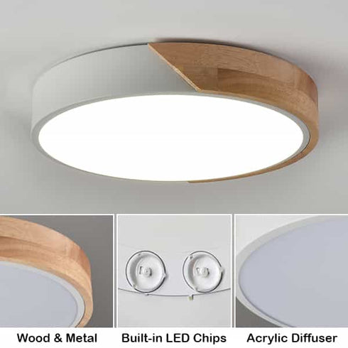Minimalist White and Wood LED Flush Mount Ceiling Light