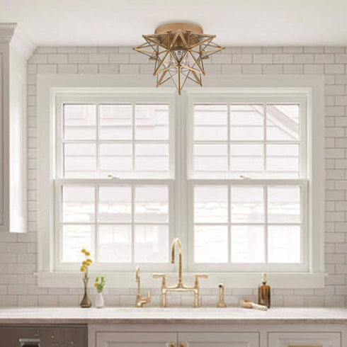 Brass Moravian Star Ceiling Light Flush Mount, Transparent, 12.7-IN